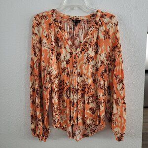 Frye Blouse Womens Size M Orange Paisley Boho Button Up Rayon Long Sleeve